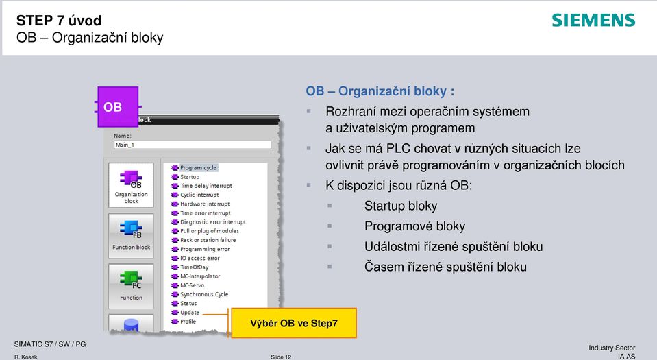 programováním v organizačních blocích K dispozici jsou různá OB: Startup bloky Programové