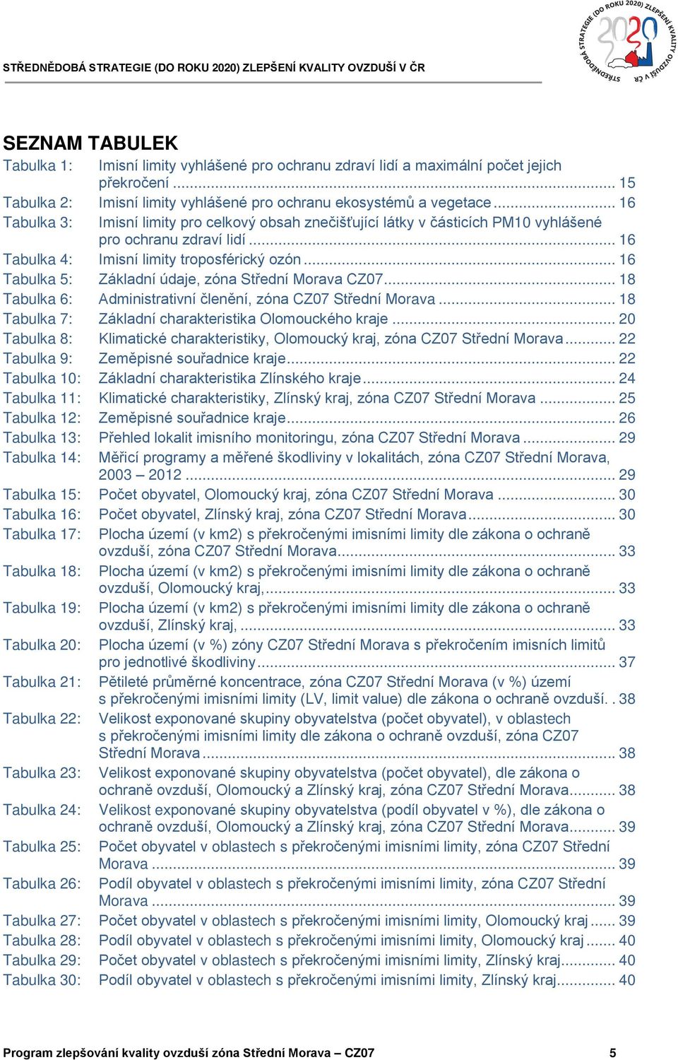 .. 16 Tabulka 5: Základní údaje, zóna Střední Morava CZ07... 18 Tabulka 6: Administrativní členění, zóna CZ07 Střední Morava... 18 Tabulka 7: Základní charakteristika Olomouckého kraje.