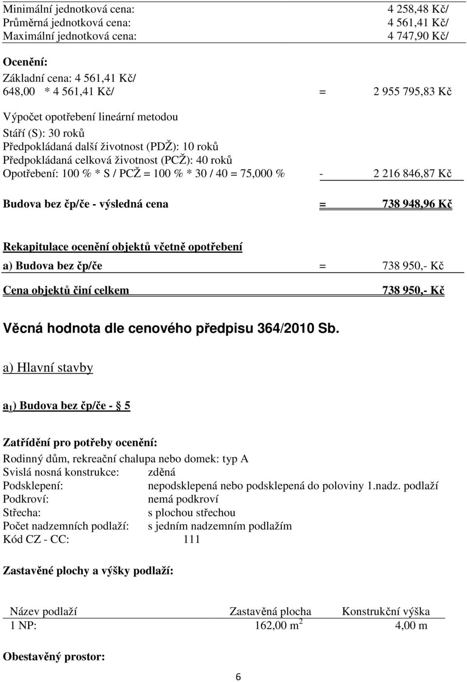 75,000 % - 2 216 846,87 Kč Budova bez čp/če - výsledná cena = 738 948,96 Kč Rekapitulace ocenění objektů včetně opotřebení a) Budova bez čp/če = 738 950,- Kč Cena objektů činí celkem 738 950,- Kč