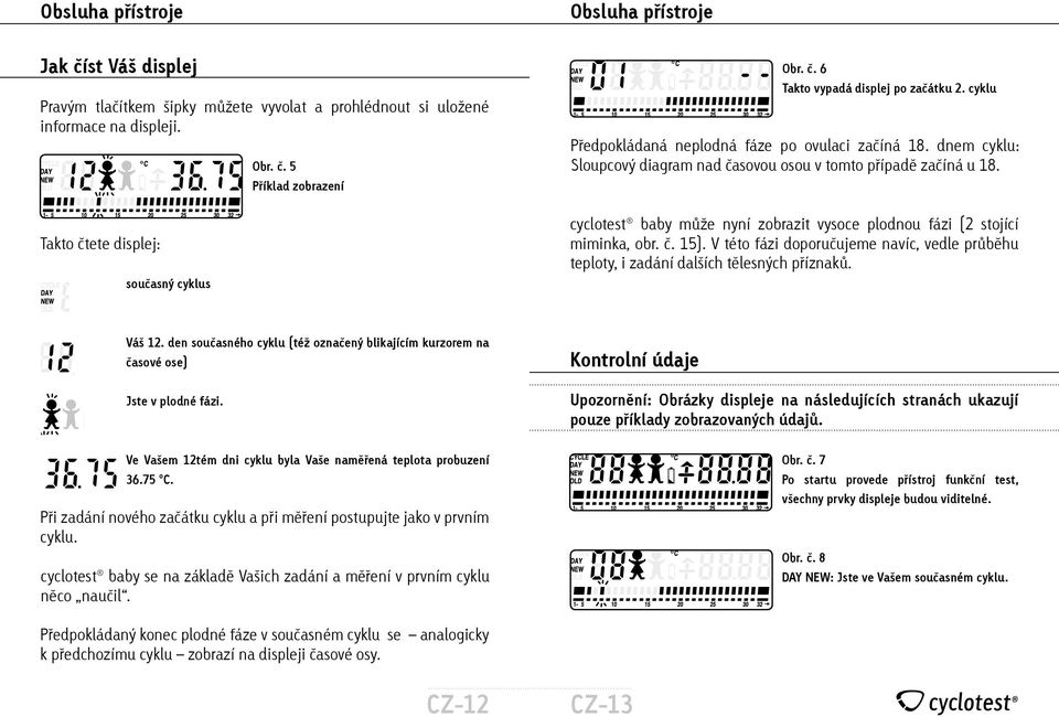 cyclotest baby může nyní zobrazit vysoce plodnou fázi (2 stojící miminka, obr. č. 15). V této fázi doporučujeme navíc, vedle průběhu teploty, i zadání dalších tělesných příznaků. Váš 12.