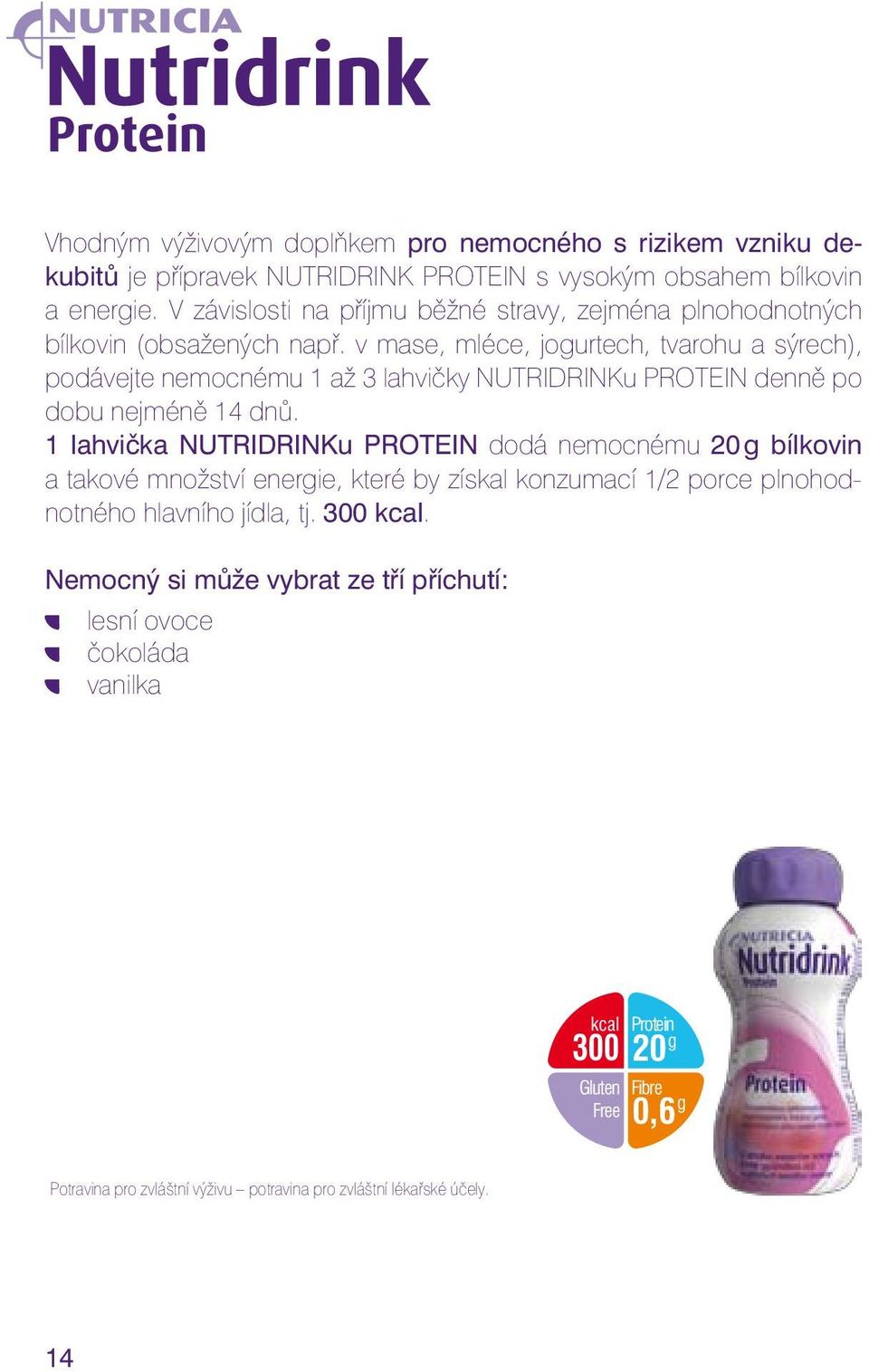 v mase, mléce, jogurtech, tvarohu a sýrech), podávejte nemocnému 1 až 3 lahvičky NUTRIDRINKu PROTEIN denně po dobu nejméně 14 dnů.