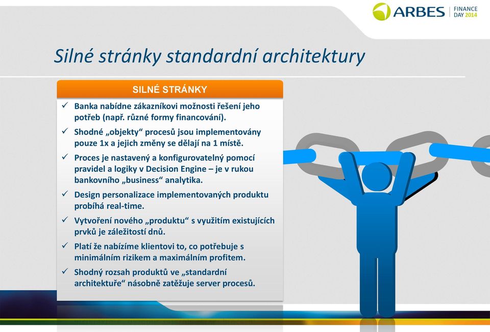 Proces je nastavený a konfigurovatelný pomocí pravidel a logiky v Decision Engine je v rukou bankovního business analytika.