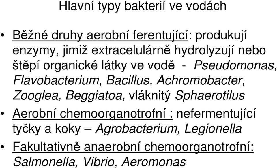 Bacillus, Achromobacter, Zooglea, Beggiatoa, vláknitý Sphaerotilus Aerobní chemoorganotrofní :