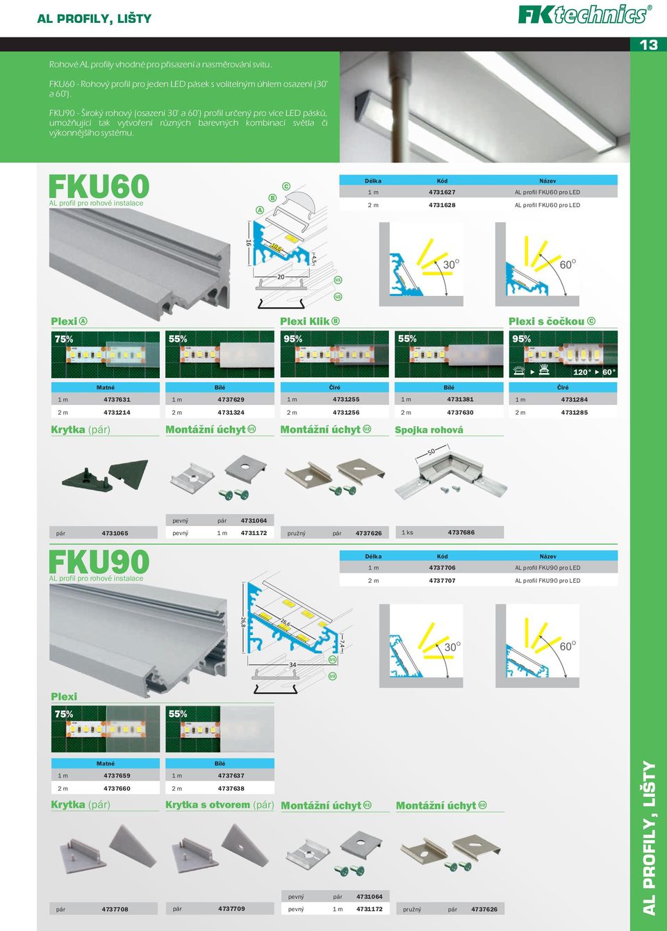 FKU60 AL profil pro rohové instalace A C 1 m 4731627 AL profil FKU60 pro LED 2 m 4731628 AL profil FKU60 pro LED 10,6 O 30 O 60 Plexi Plexi Klik Plexi s čočkou A C 75% 55% 95% 55% 95% Matné 1 m