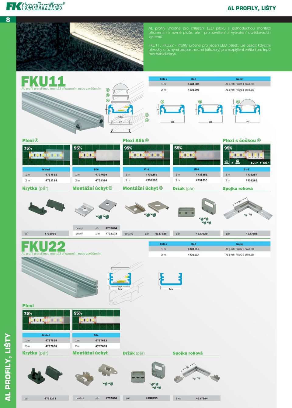 FK1 AL profil pro přímou montáž přisazením nebo zavěšením C A 1 m 4731605 AL profil FK1 pro LED 2 m 4731606 AL profil FK1 pro LED A C 12,2 Plexi Plexi Klik Plexi s čočkou A C 75% 55% 95% 55% 95%