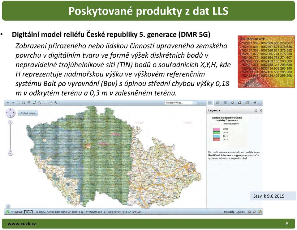 výšek diskrétních bodů v nepravidelné trojúhelníkové síti (TIN) bodů o souřadnicích X,Y,H, kde H reprezentuje nadmořskou