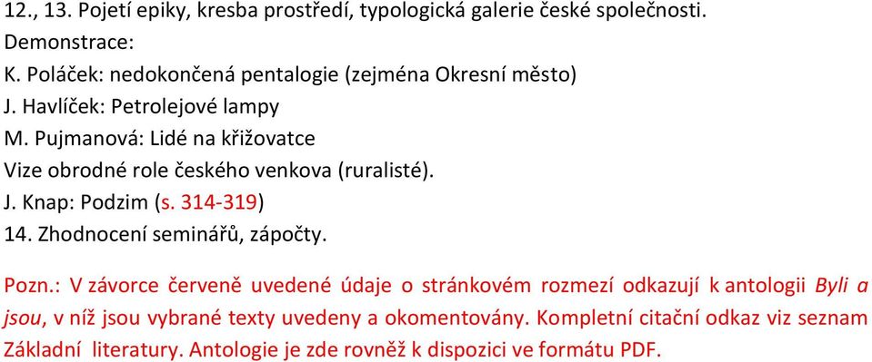 Pujmanová: Lidé na křižovatce Vize obrodné role českého venkova (ruralisté). J. Knap: Podzim (s. 314-319) 14. Zhodnocení seminářů, zápočty.