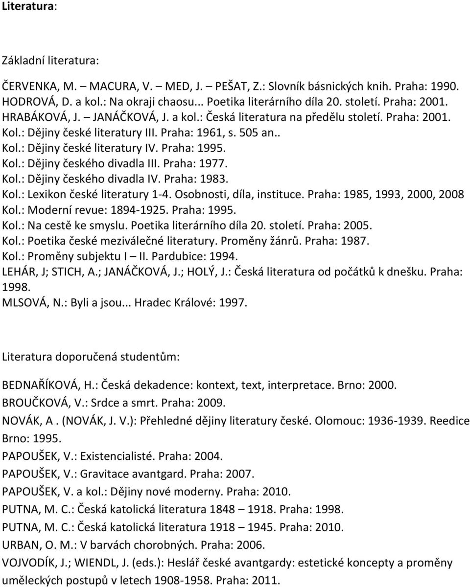 Praha: 1995. Kol.: Dějiny českého divadla III. Praha: 1977. Kol.: Dějiny českého divadla IV. Praha: 1983. Kol.: Lexikon české literatury 1-4. Osobnosti, díla, instituce.