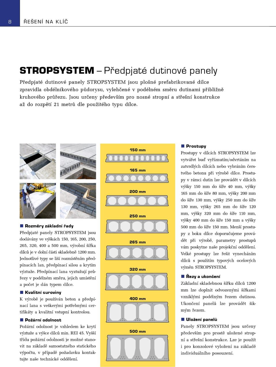 Rozměry základní řady Předpjaté panely STROPSYSTEM jsou dodávány ve výškách 150, 165, 200, 250, 265, 320, 400 a 500 mm, výrobní šířka dílců je v dolní části skladebně 1200 mm.