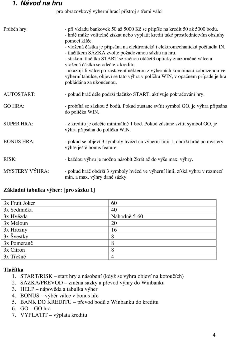 - tlačítkem SÁZKA zvolte požadovanou sázku na hru. - stiskem tlačítka START se začnou otáčet3 opticky znázorněné válce a vložená částka se odečte z kreditu.