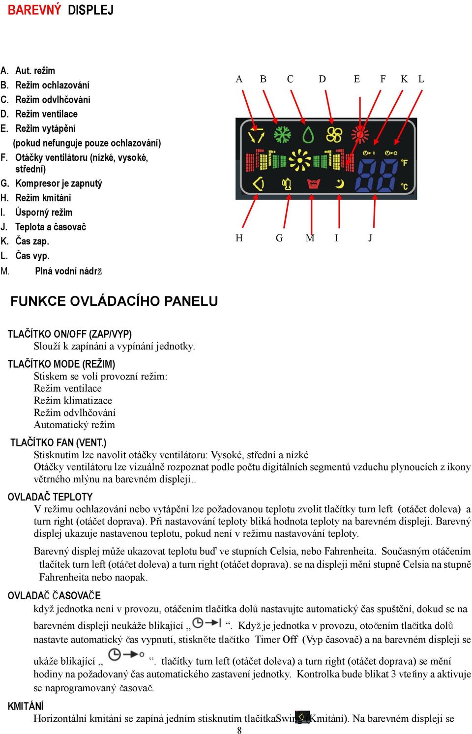 Plná vodní nádrž A B C D E F K L H G M I J FUNKCE OVLÁDACÍHO PANELU TLAČÍTKO ON/OFF (ZAP/VYP) Slouží k zapínání a vypínání jednotky.