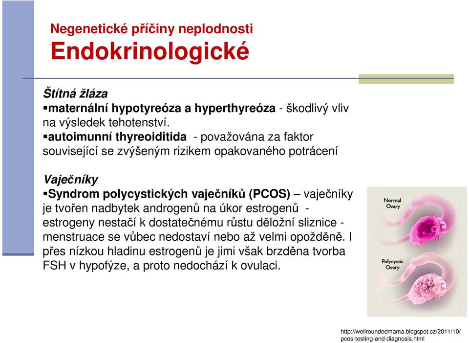 je tvořen nadbytek androgenů na úkor estrogenů - estrogeny nestačí k dostatečnému růstu děložní sliznice - menstruace se vůbec nedostaví nebo až velmi opožděně.