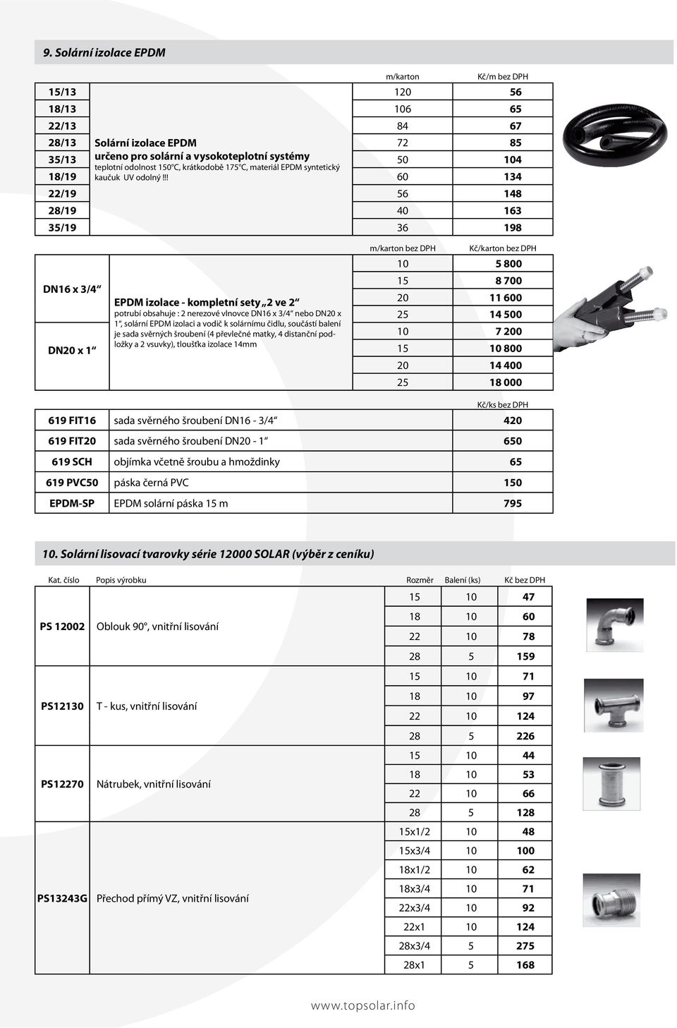!! 60 134 22/19 56 148 28/19 40 163 35/19 36 198 DN16 x 3/4 DN20 x 1 EPDM izolace - kompletní sety 2 ve 2 potrubí obsahuje : 2 nerezové vlnovce DN16 x 3/4 nebo DN20 x 1, solární EPDM izolaci a vodič