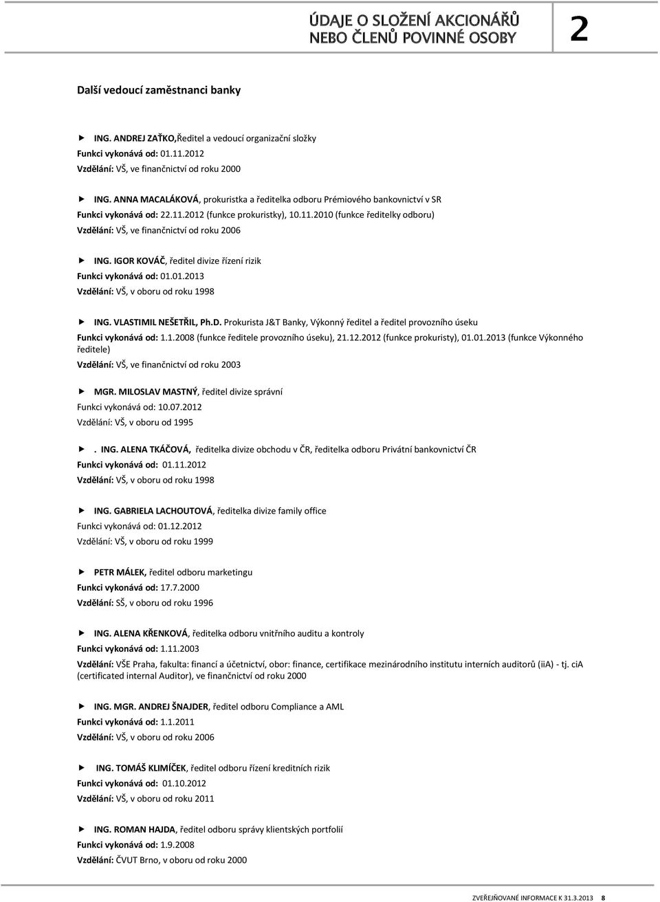 2012 (funkce prokuristky), 10.11.2010 (funkce ředitelky odboru) Vzdělání: VŠ, ve finančnictví od roku 2006 ING. IGOR KOVÁČ, ředitel divize řízení rizik Funkci vykonává od: 01.01.2013 Vzdělání: VŠ, v oboru od roku 1998 ING.