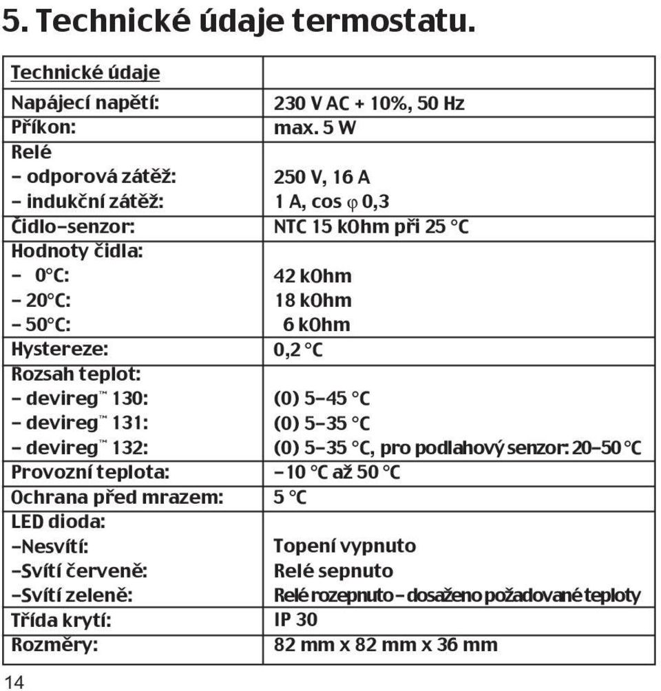 - devireg 130: - devireg 131: - devireg 132: Provozní teplota: Ochrana před mrazem: LED dioda: -Nesvítí: -Svítí červeně: -Svítí zeleně: Třída krytí: Rozměry: