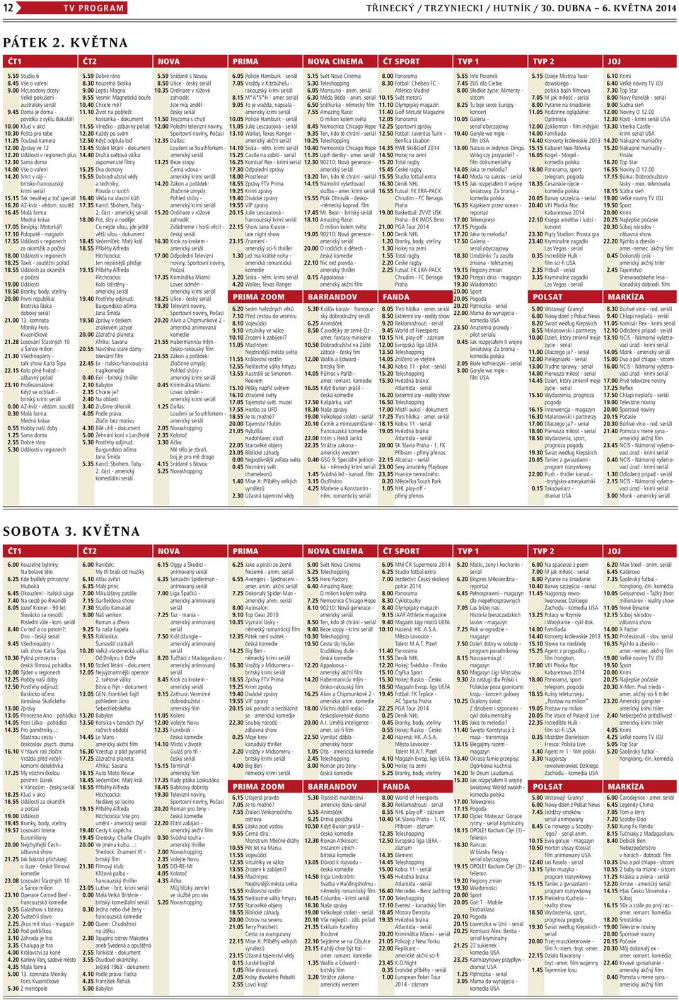 20 Události v regionech plus 12.30 Sama doma 14.00 Vše o vaření 14.20 Smrt v ráji - britsko-francouzský krimi seriál 15.15 Tak neváhej a toč speciál 16.20 AZ-kvíz - vědom. soutěž 16.