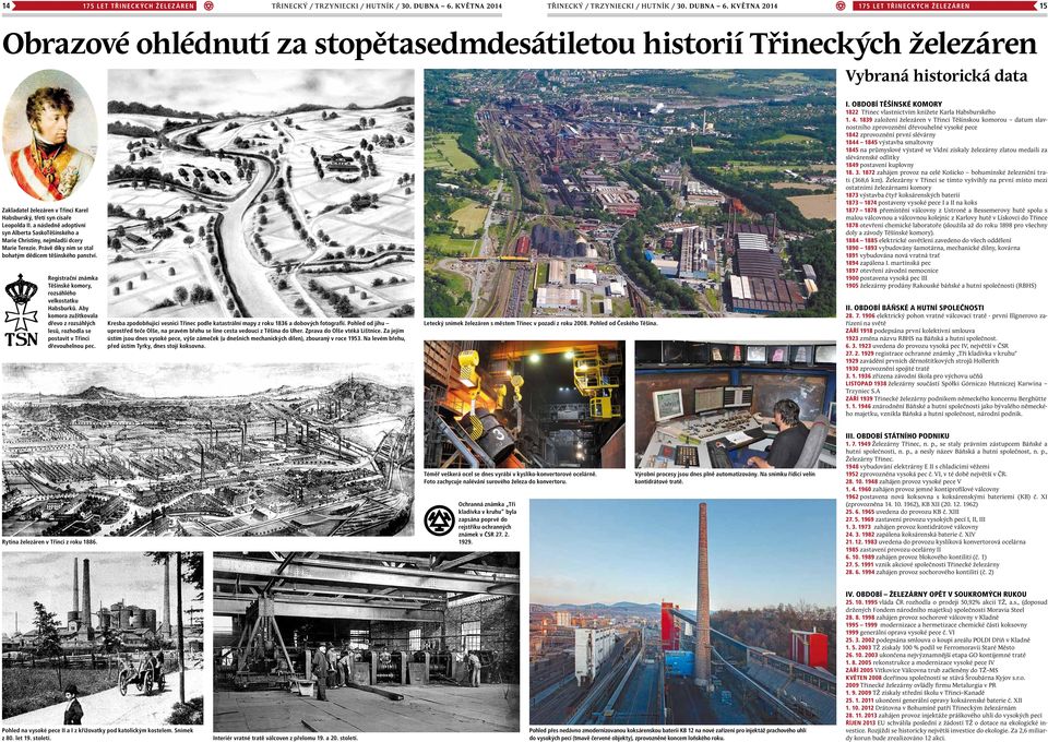 května 2014 175 let Třineckých železáren 15 Obrazové ohlédnutí za stopětasedmdesátiletou historií Třineckých železáren Vybraná historická data Zakladatel železáren v Třinci Karel Habsburský, třetí