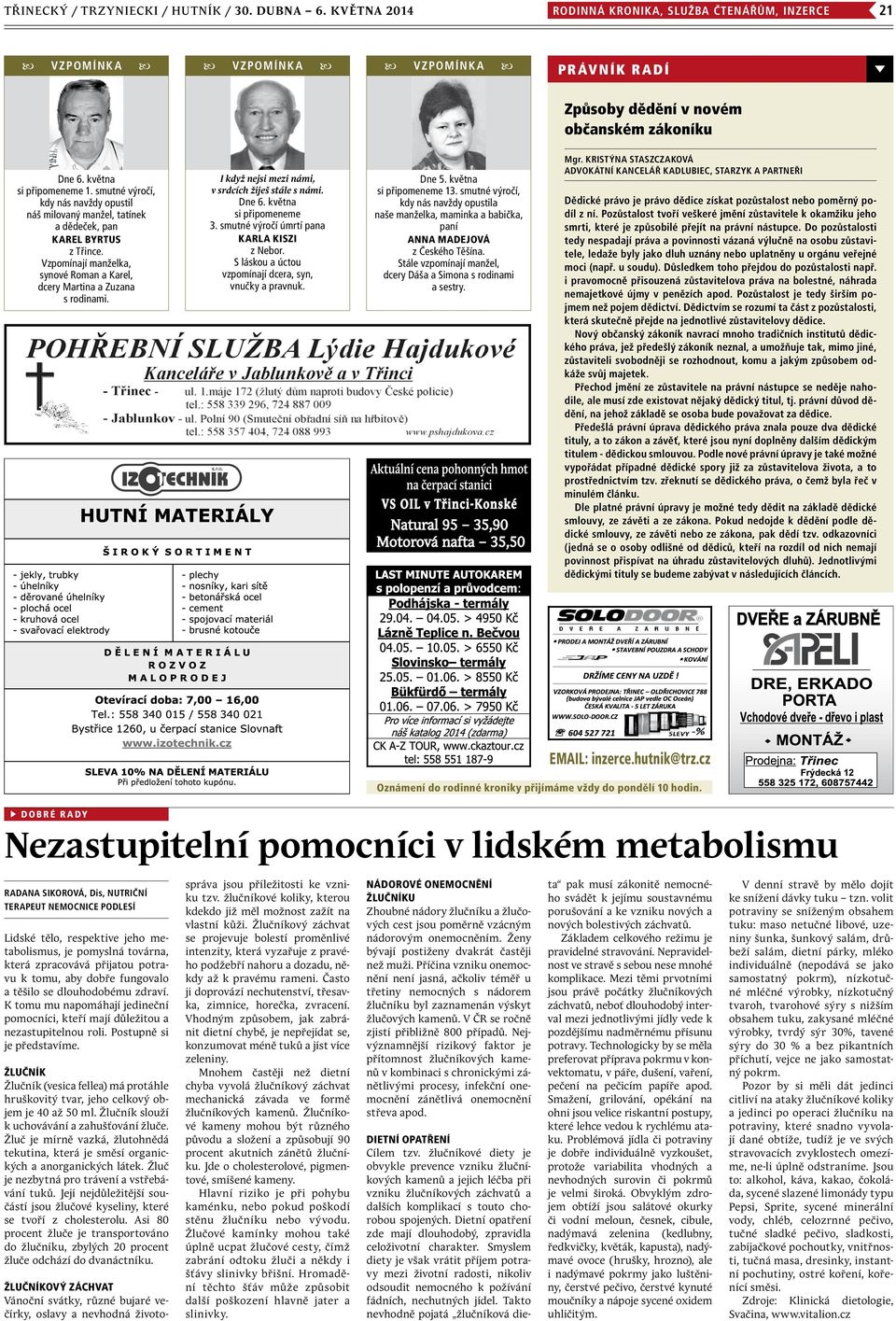 I když nejsi mezi námi, v srdcích žiješ stále s námi. Dne 6. května si připomeneme 3. smutné výročí úmrtí pana Karla KiszI z Nebor. S láskou a úctou vzpomínají dcera, syn, vnučky a pravnuk. Dne 5.