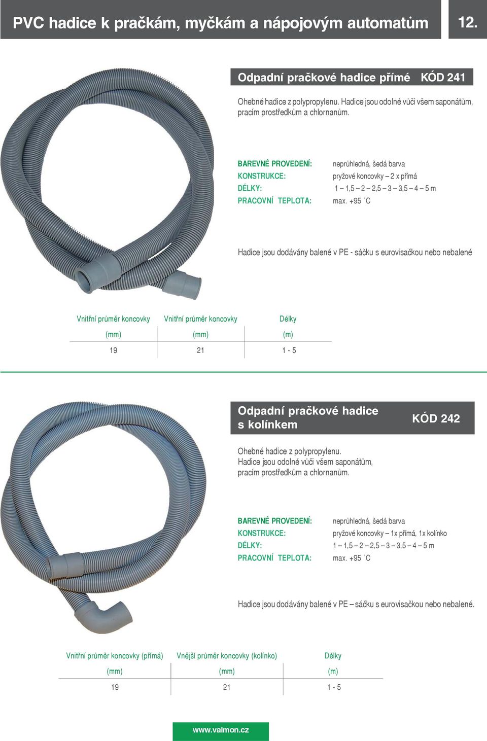 +95 C Hadice jsou dodávány balené v PE - sáčku s eurovisačkou nebo nebalené Vnitřní průměr koncovky Vnitřní průměr koncovky Délky (mm) (mm) (m) 19 21 1-5 Odpadní pračkové hadice s kolínkem KÓD 242