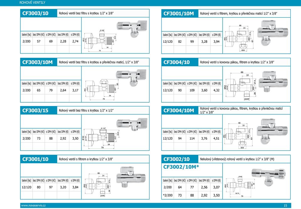DPH s DPH 2/200 65 79 2,64 3,17 balení [ks] s DPH s DPH 12/120 90 109 3,60 4,32 CF3003/15 Rohový ventil bez filtru s krytkou 1/2 x 1/2 CF3004/10M Rohový ventil s kovovou pákou, filtrem, krytkou a