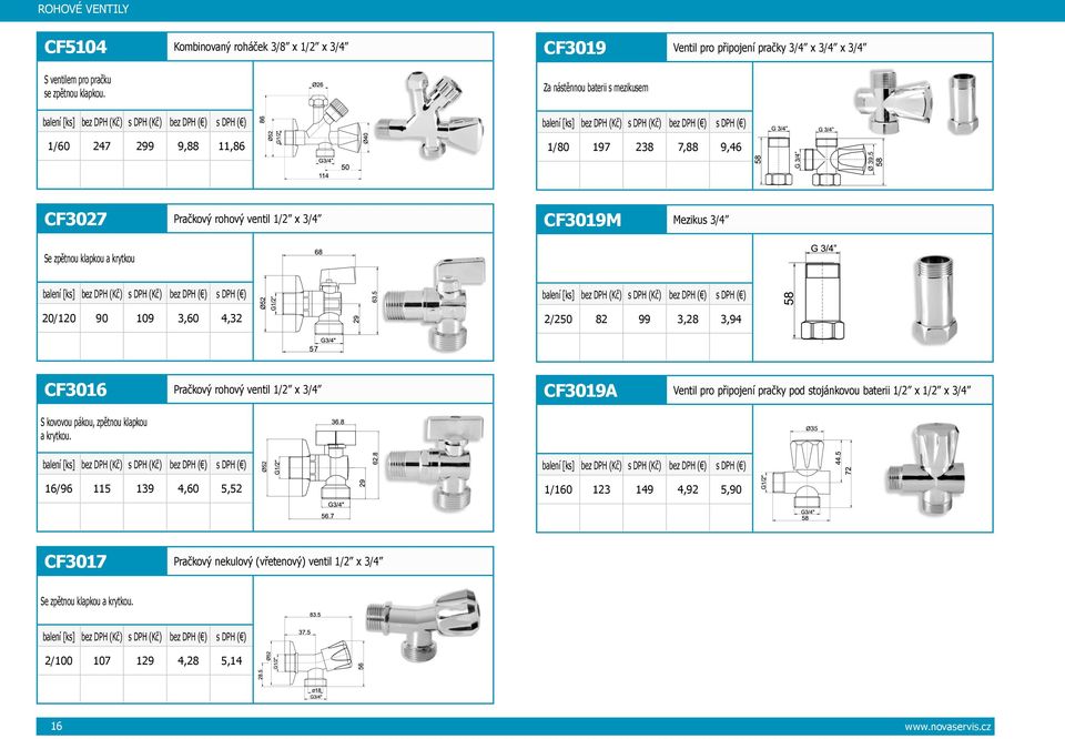 rohový ventil 1/2 x 3/4 CF3019M Mezikus 3/4 Se zpětnou klapkou a krytkou balení [ks] s DPH s DPH 20/120 90 109 3,60 4,32 balení [ks] s DPH s DPH 2/250 82 99 3,28 3,94 CF3016 Pračkový rohový ventil