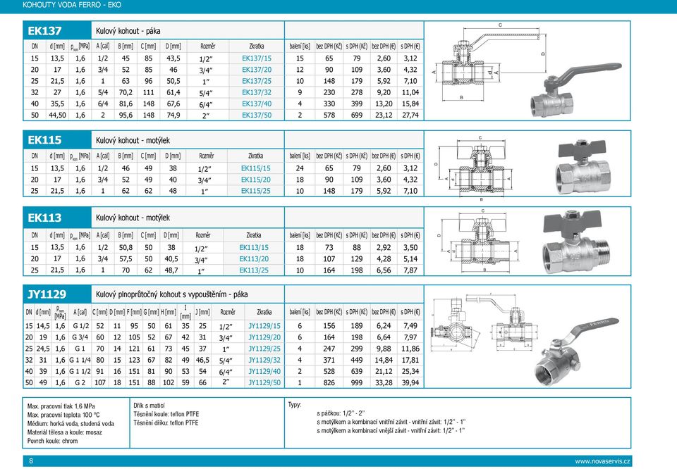 EK137/40 4 330 399 13,20 15,84 50 44,50 1,6 2 95,6 148 74,9 2 EK137/50 2 578 699 23,12 27,74 EK115 Kulový kohout - motýlek C DN d [mm] [MPa] A [cal] B [mm] C [mm] D [mm] Rozměr balení [ks] s DPH s