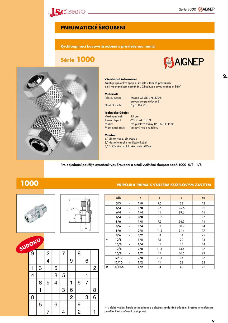 Materiál: Těleso, matice: Mosaz OT 58 UNI 5705, galvanicky poniklovaná Těsnící kroužek: Pryž NR 70 Technické údaje: Maximální tlak: 15 bar Rozsah teplot: -20 C až +80 C Použití: Pro plastové trubky