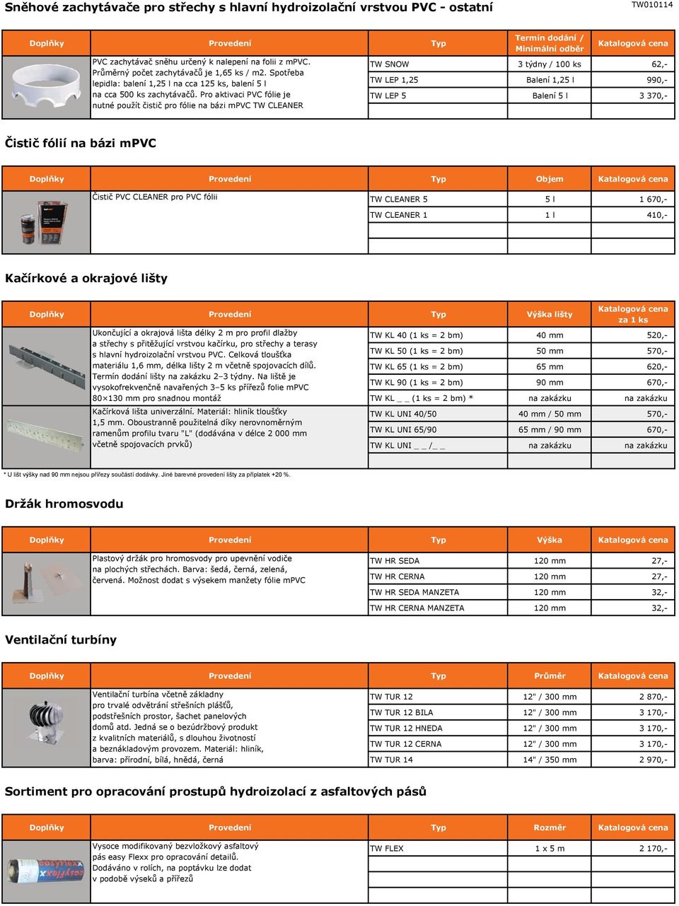 Pro aktivaci PVC fólie je nutné použít čistič pro fólie na bázi mpvc TW CLEANER Termín dodání / Minimální odběr TW SNOW 3 týdny / 100 ks 62,- TW LEP 1,25 Balení 1,25 l 990,- TW LEP 5 Balení 5 l 3