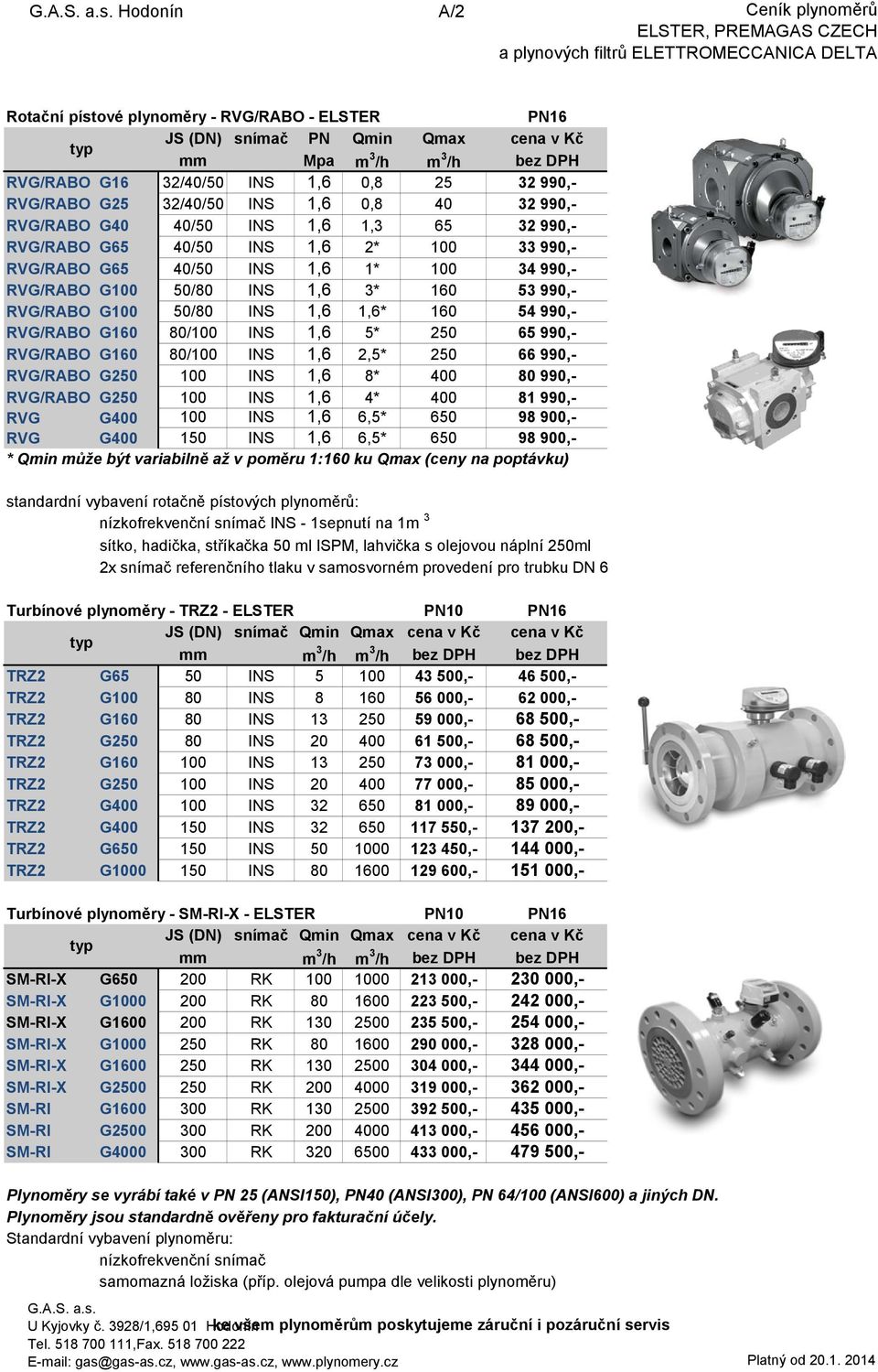 INS 8* 400 990, RVG/RABO G2 INS 4* 400 81 990, RVG G400 INS 6,5* 6 98 900, RVG G400 1 INS 6,5* 6 98 900, * Qmin může být variabilně až v poměru 1:160 ku Qmax (ceny na poptávku) standardní vybavení