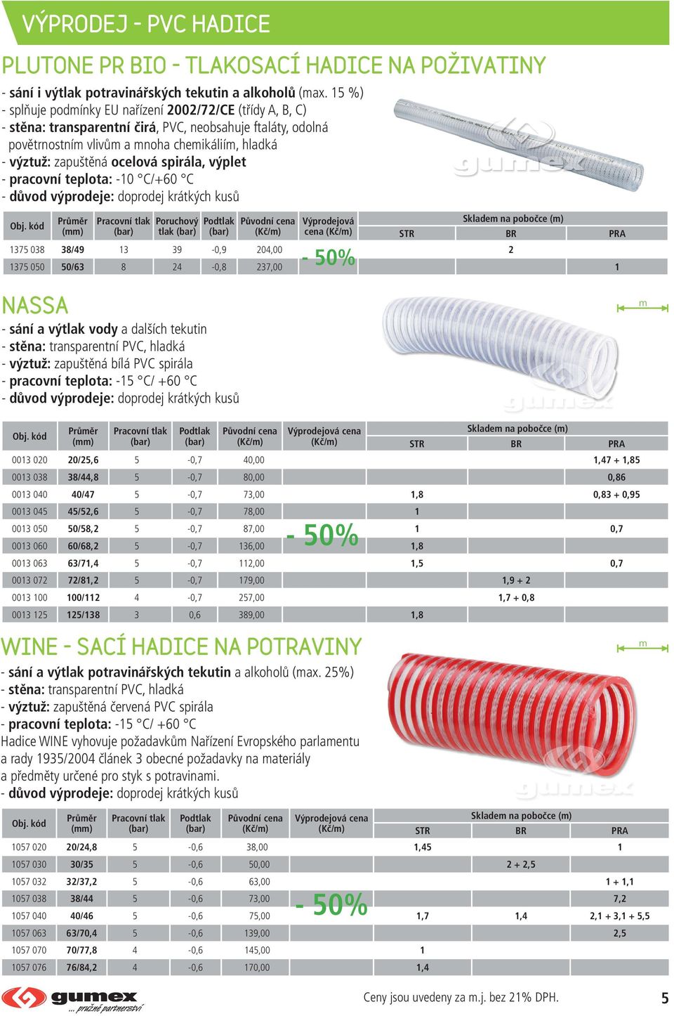 spirála, výplet - pracovní teplota: -10 C/+60 C tlak Výprodejová cena 1375 038 38/49 13 39-0,9 204,00 2 1375 050 50/63 8 24-0,8 237,00 1 NASSA - sání a výtlak vody a dalších tekutin - stěna: