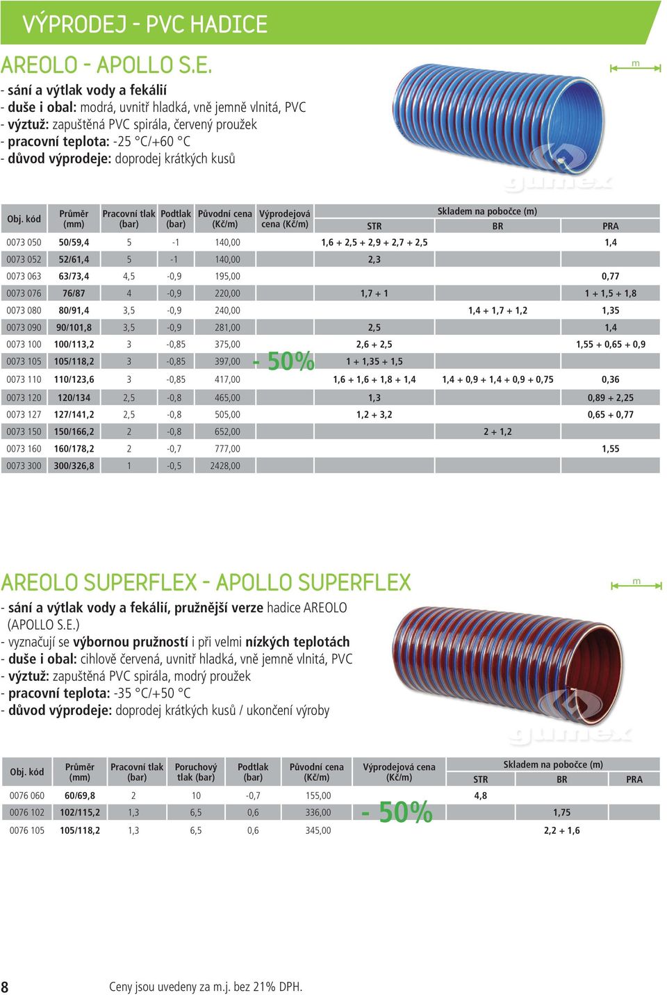 AREOLO - APOLLO S.E. - sání a výtlak vody a fekálií - duše i obal: odrá, uvnitř hladká, vně jeně vlnitá, PVC - výztuž: zapuštěná PVC spirála, červený proužek - pracovní teplota: -25 C/+60 C