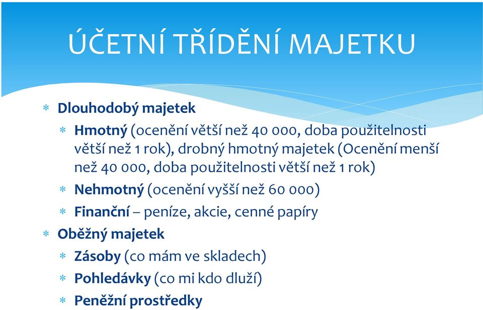 použitelnosti větší než 1 rok) Nehmotný (ocenění vyšší než 60 000) Finanční peníze, akcie,