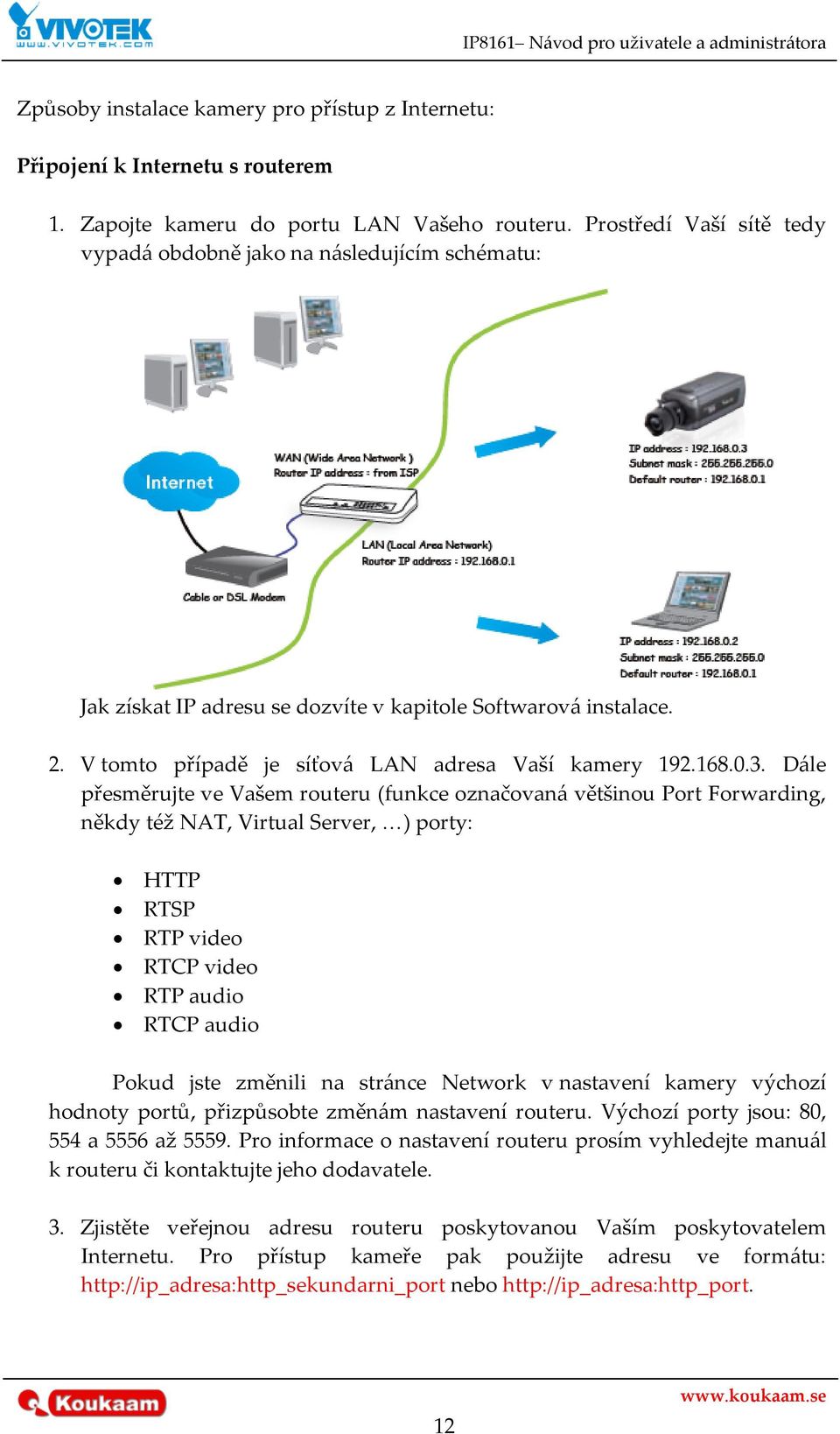 D{le přesměrujte ve Vašem routeru (funkce označovan{ většinou Port Forwarding, někdy též NAT, Virtual Server, <) porty: HTTP RTSP RTP video RTCP video RTP audio RTCP audio Pokud jste změnili na