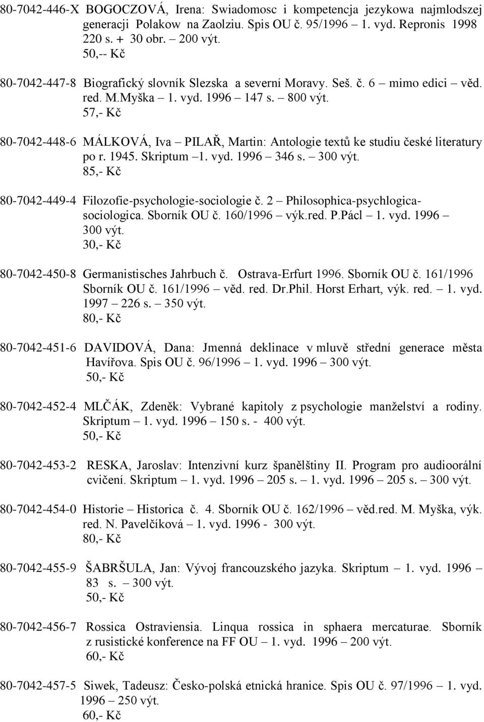 57,- Kč 80-7042-448-6 MÁLKOVÁ, Iva PILAŘ, Martin: Antologie textů ke studiu české literatury po r. 1945. Skriptum 1. vyd. 1996 346 s. 300 výt. 85,- Kč 80-7042-449-4 Filozofie-psychologie-sociologie č.