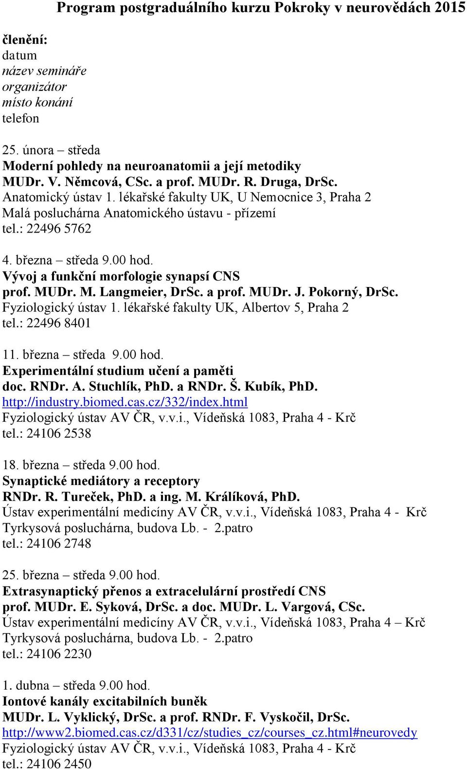 Vývoj a funkční morfologie synapsí CNS prof. MUDr. M. Langmeier, DrSc. a prof. MUDr. J. Pokorný, DrSc. Fyziologický ústav 1. lékařské fakulty UK, Albertov 5, Praha 2 tel.: 22496 8401 11.