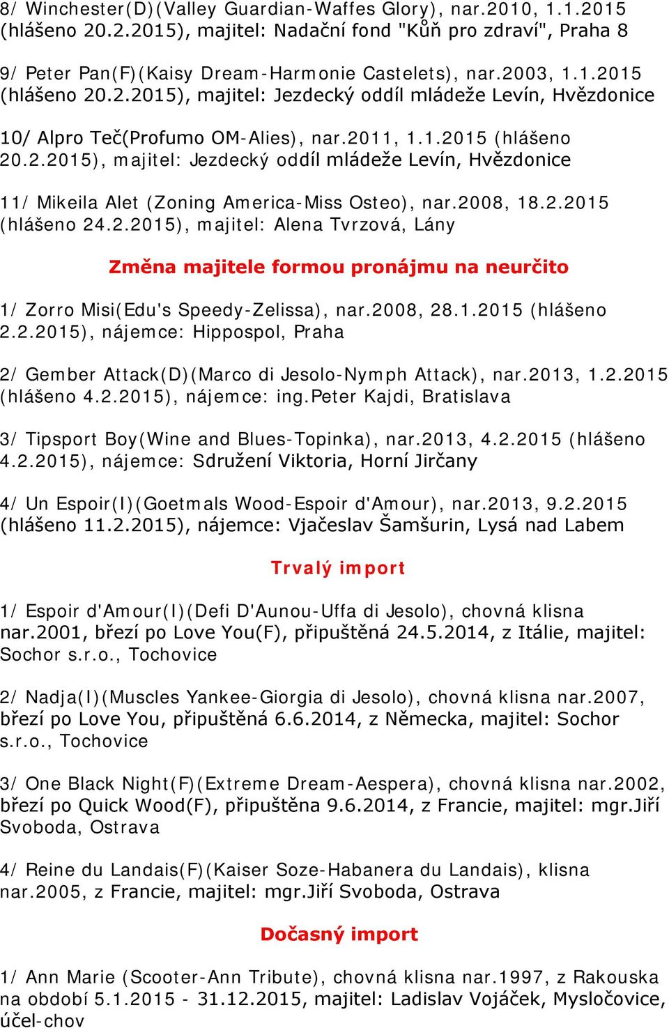 2008, 28.1.2015 (hlášeno 2.2.2015), nájemce: Hippospol, Praha 2/ Gember Attack(D)(Marco di Jesolo-Nymph Attack), nar.2013, 1.2.2015 (hlášeno 4.2.2015), nájemce: ing.