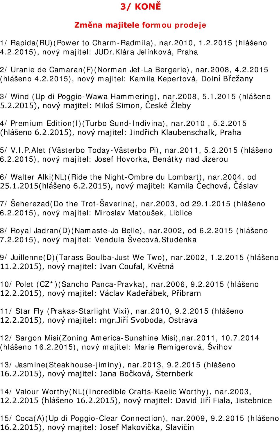 2008, 5.1.2015 (hlášeno 5.2.2015), nový majitel: Miloš Simon, České Žleby 4/ Premium Edition(I)(Turbo Sund-Indivina), nar.2010, 5.2.2015 (hlášeno 6.2.2015), nový majitel: Jindřich Klaubenschalk, Praha 5/ V.