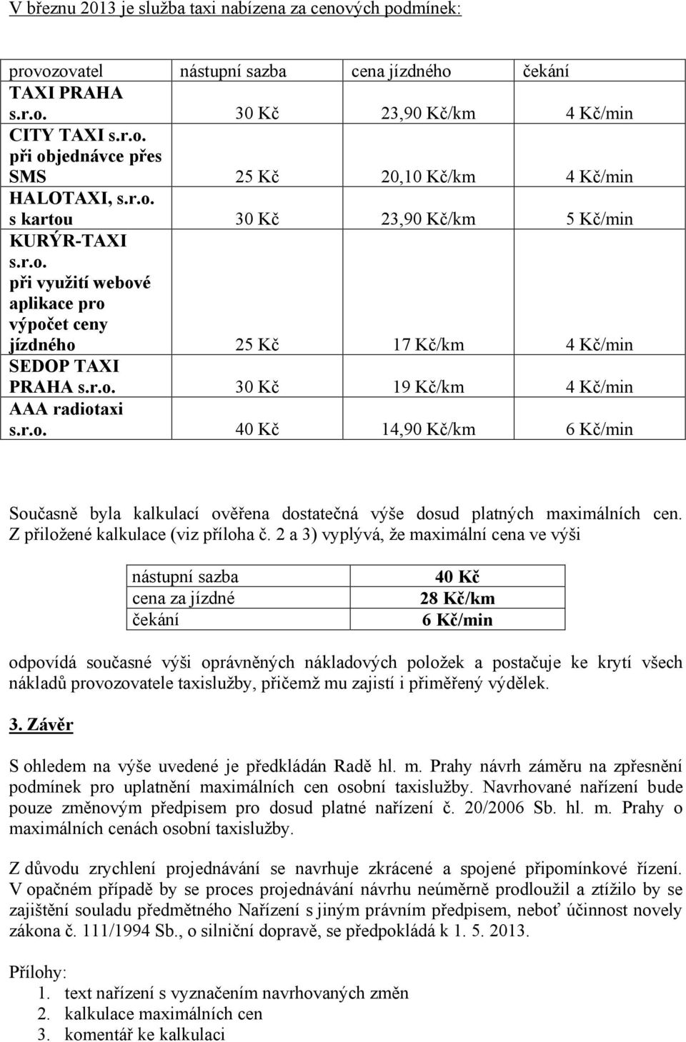 r.o. 40 Kč 14,90 Kč/km 6 Kč/min Současně byla kalkulací ověřena dostatečná výše dosud platných maximálních cen. Z přiložené kalkulace (viz příloha č.