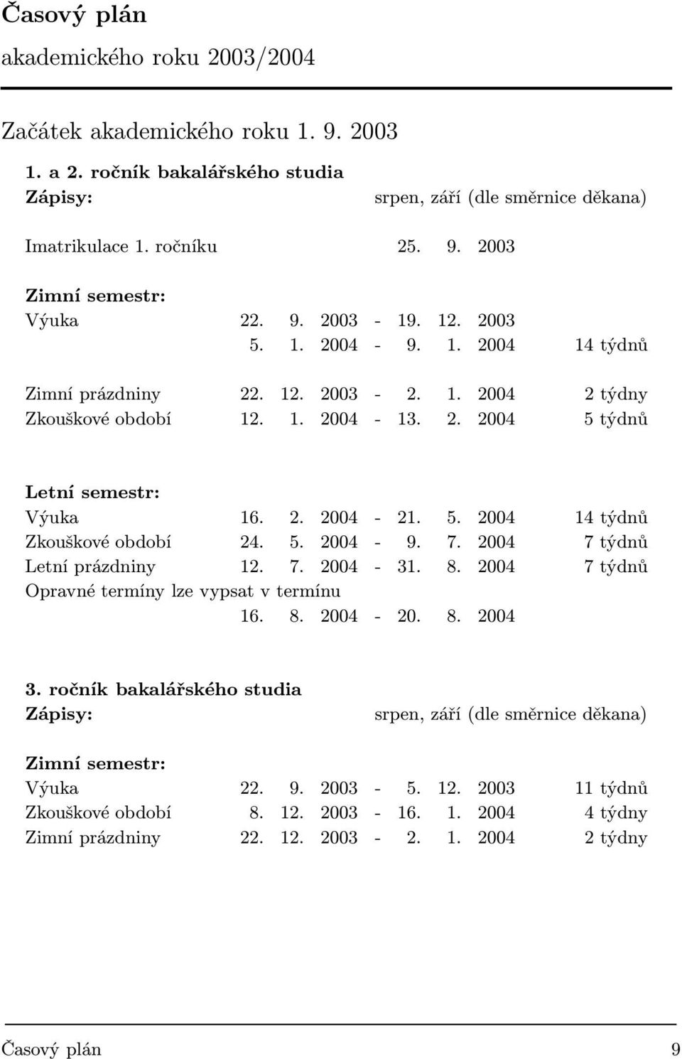 5. 2004-9. 7. 2004 7 týdnů Letní prázdniny 12. 7. 2004-31. 8. 2004 7 týdnů Opravné termíny lze vypsat v termínu 16. 8. 2004-20. 8. 2004 3.