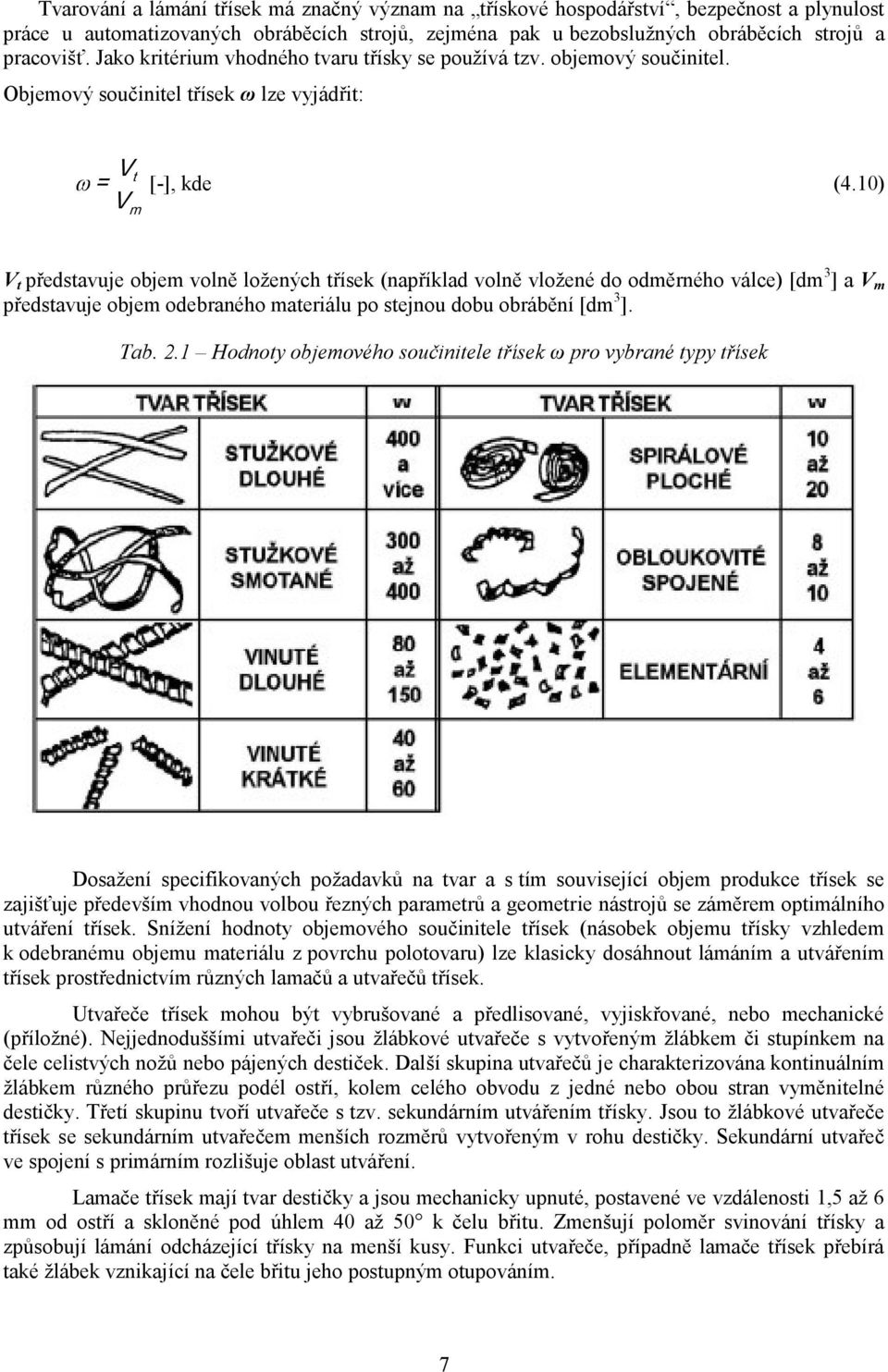 10) V m V t představuje objem volně ložených třísek (například volně vložené do odměrného válce) [dm 3 ] a V m představuje objem odebraného materiálu po stejnou dobu obrábění [dm 3 ]. Tab. 2.