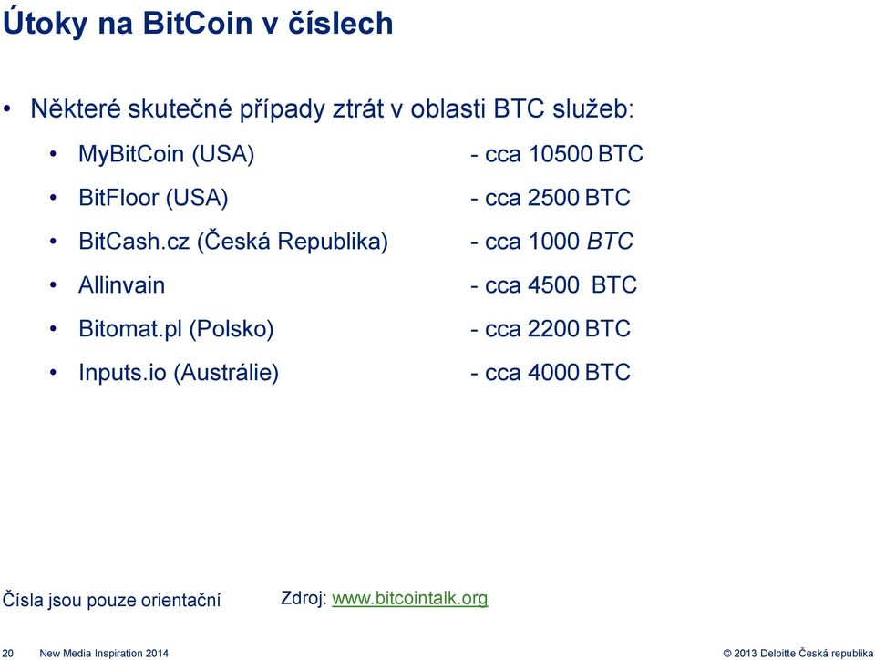 cz (Česká Republika) - cca 1000 BTC Allinvain - cca 4500 BTC Bitomat.