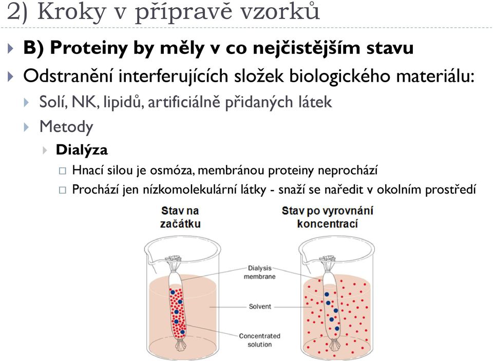 látek Metody Dialýza Hnací silou je osmóza, membránou proteiny