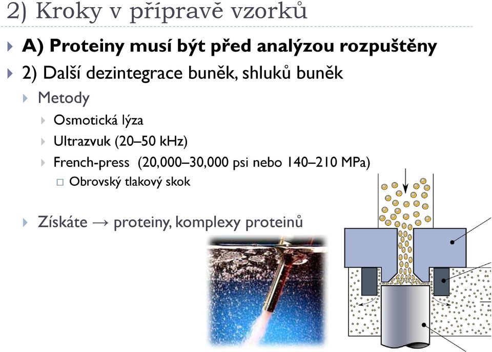 Ultrazvuk (20 50 khz) French-press (20,000 30,000 psi nebo