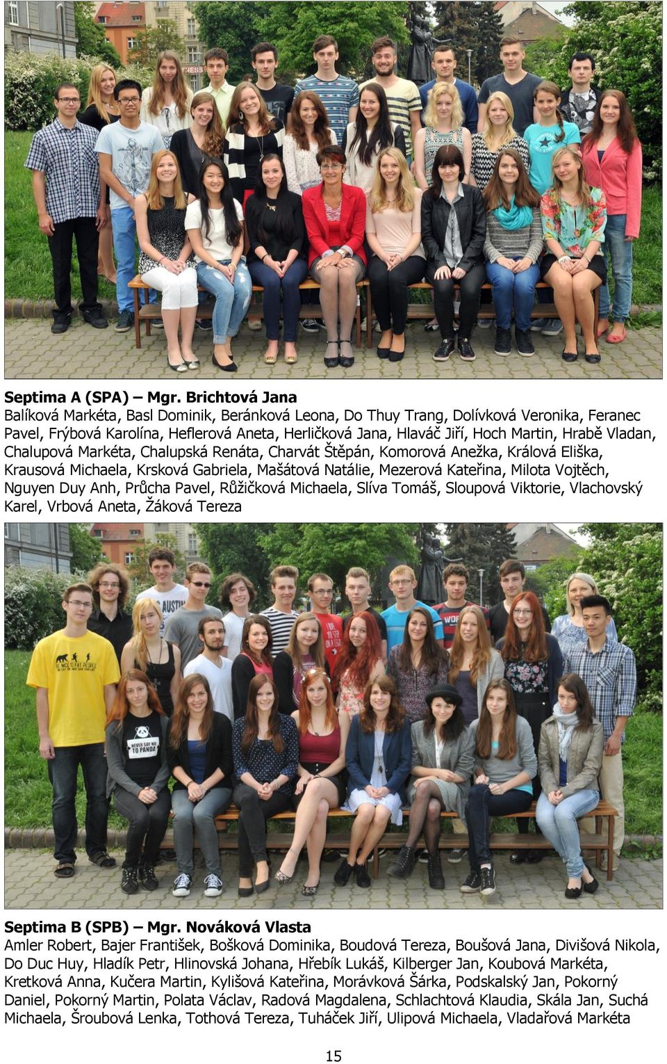 Vladan, Chalupová Markéta, Chalupská Renáta, Charvát Štěpán, Komorová Anežka, Králová Eliška, Krausová Michaela, Krsková Gabriela, Mašátová Natálie, Mezerová Kateřina, Milota Vojtěch, Nguyen Duy Anh,