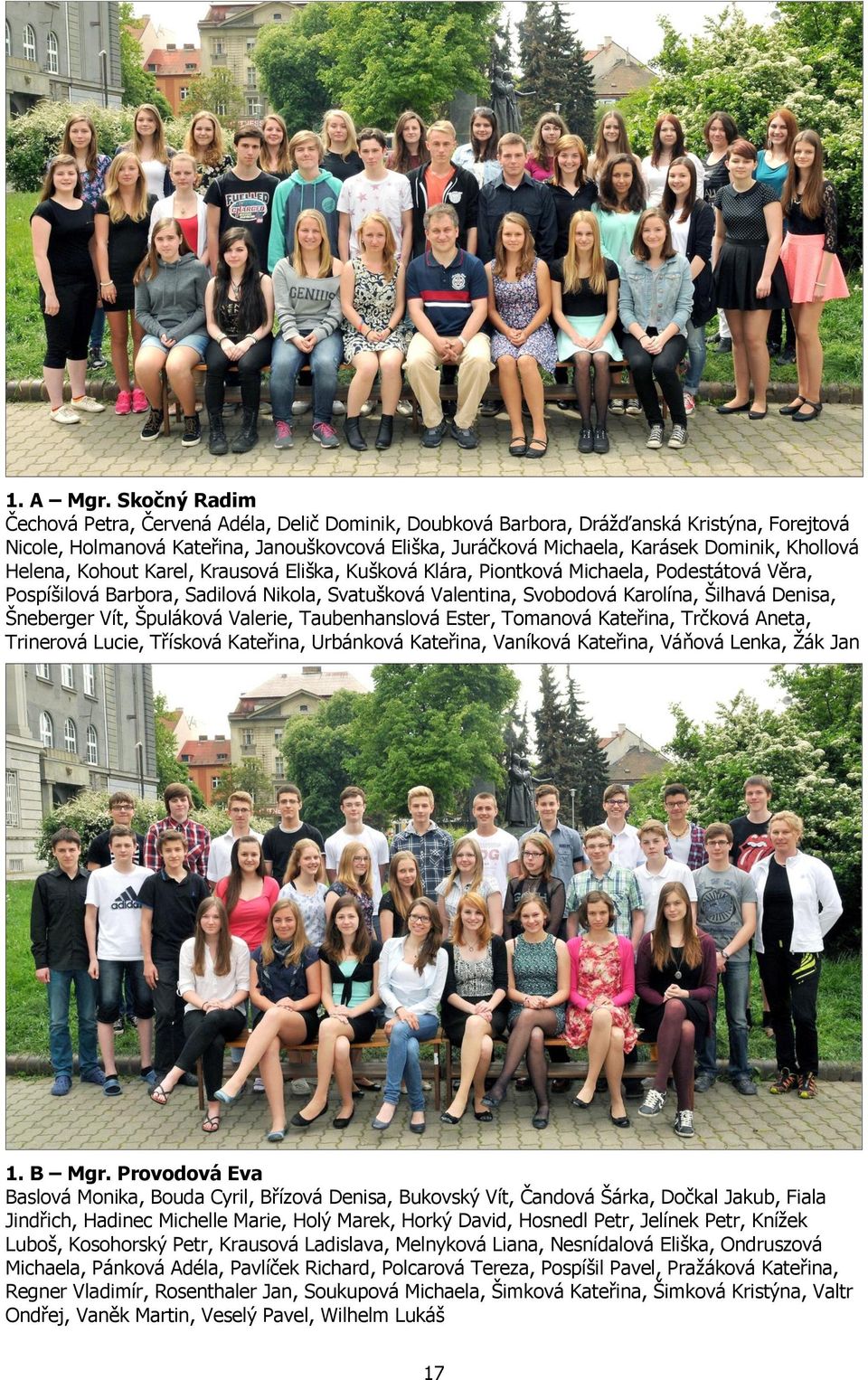 Khollová Helena, Kohout Karel, Krausová Eliška, Kušková Klára, Piontková Michaela, Podestátová Věra, Pospíšilová Barbora, Sadilová Nikola, Svatušková Valentina, Svobodová Karolína, Šilhavá Denisa,