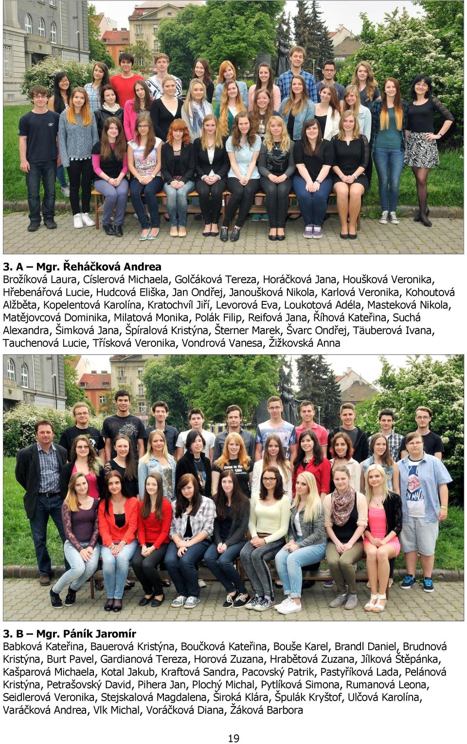 Kohoutová Alžběta, Kopelentová Karolína, Kratochvíl Jiří, Levorová Eva, Loukotová Adéla, Masteková Nikola, Matějovcová Dominika, Milatová Monika, Polák Filip, Reifová Jana, Říhová Kateřina, Suchá