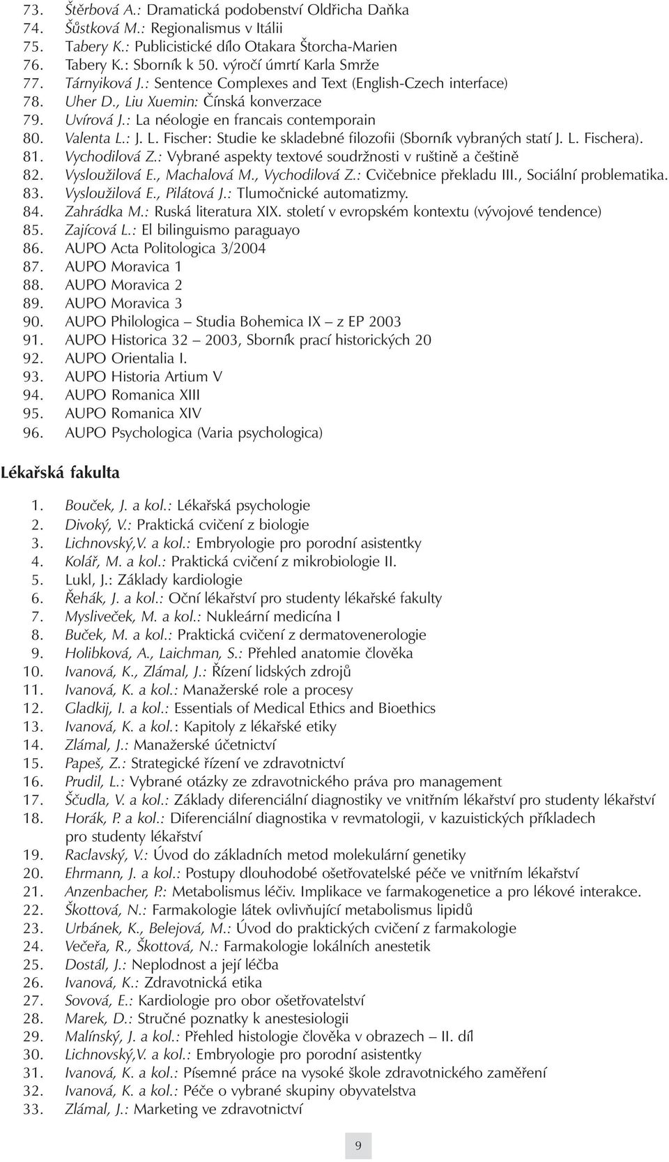 Valenta L.: J. L. Fischer: Studie ke skladebné filozofii (Sborník vybraných statí J. L. Fischera). 81. Vychodilová Z.: Vybrané aspekty textové soudržnosti v ruštině a češtině 82. Vysloužilová E.