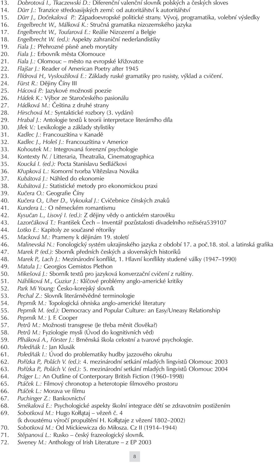 : Reálie Nizozemí a Belgie 18. Engelbrecht W. (ed.): Aspekty zahraniční nederlandistiky 19. Fiala J.: Přehrozné písně aneb morytáty 20. Fiala J.: Erbovník města Olomouce 21. Fiala J.: Olomouc město na evropské křižovatce 22.