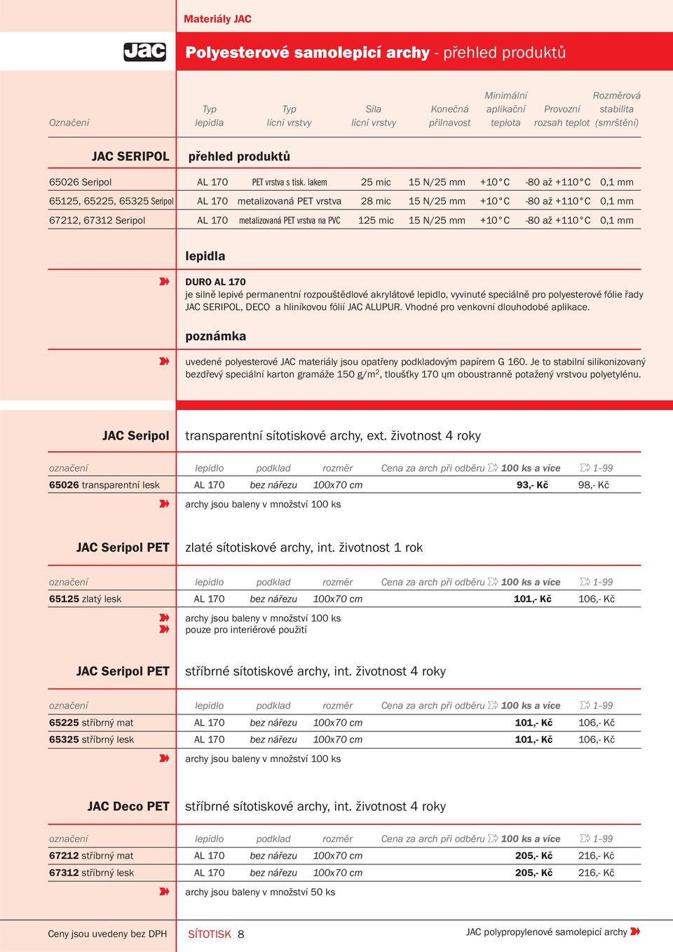 lakem 25 mic 15 N/25 mm +10 C -80 až +110 C 0,1 mm 65125, 65225, 65325 Seripol AL 170 metalizovaná PET vrstva 28 mic 15 N/25 mm +10 C -80 až +110 C 0,1 mm 67212, 67312 Seripol AL 170 metalizovaná PET