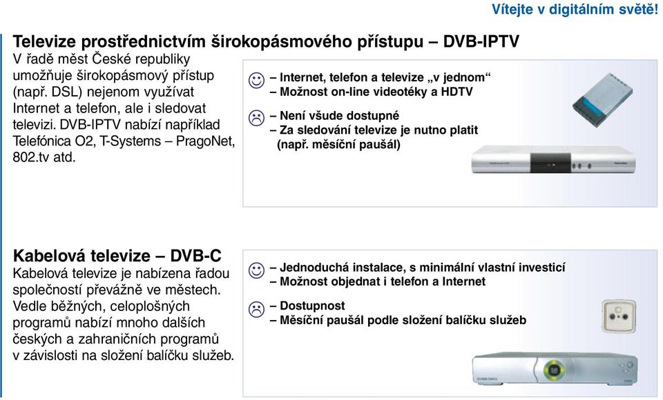 DVB-IPTV nabízí například Není všude dostupné Za sledování televize je nutno platit Telefónica O2, T-Systems PragoNet, (např. měsíční paušál) 802.tv atd. Vítejte v digitálním světě!